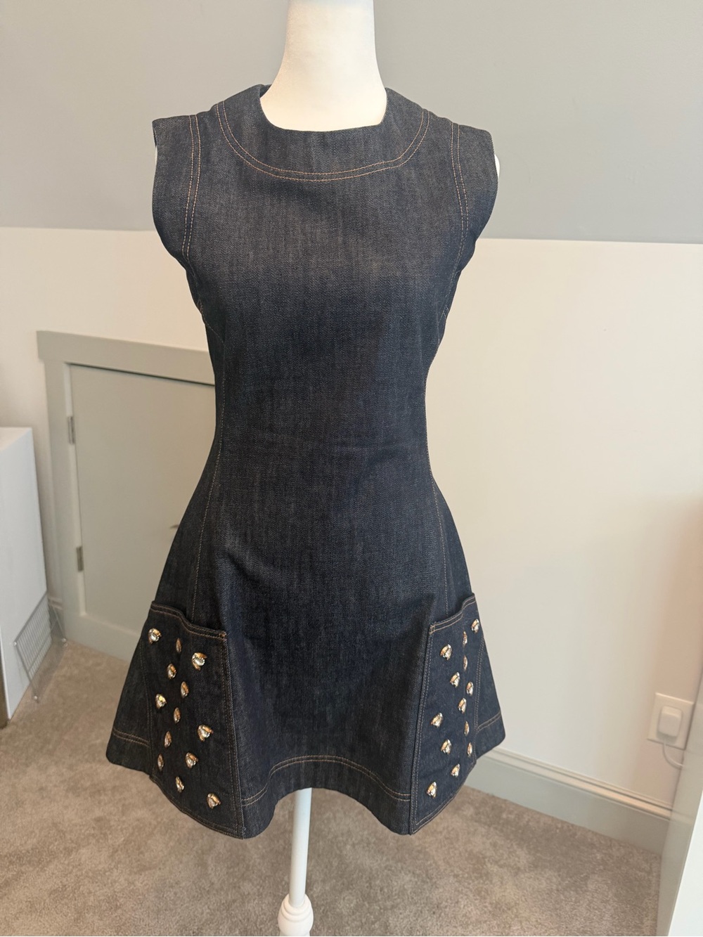 Christian Dior Dark Wash Denim Bee Embellished Mini Dress 34 FR US 2